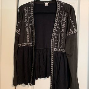 Embroidered suede open cardigan